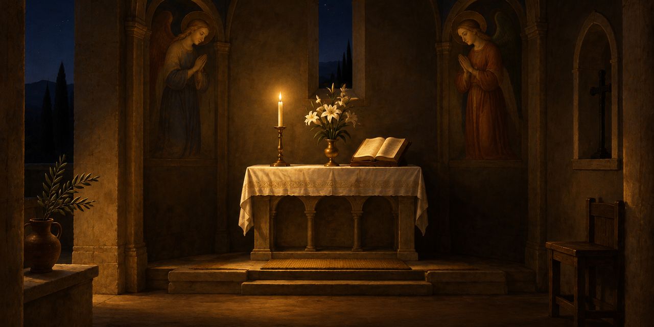 Noche de oración: una capilla a la luz de una sola vela, con dos ángeles al fresco, el libro abierto y lirios blancos