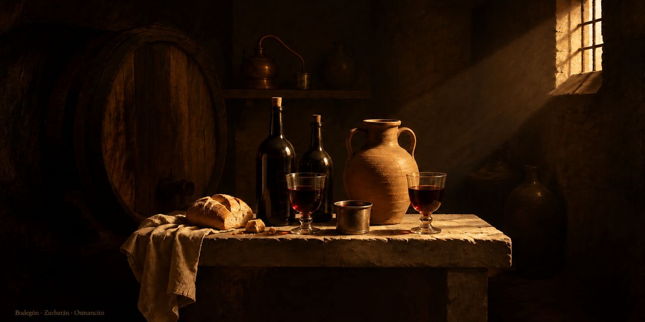 Bodegón: vino servido en copas y jarro, botellas, tinaja y pan sobre una mesa de piedra; el alambique descansa al fondo