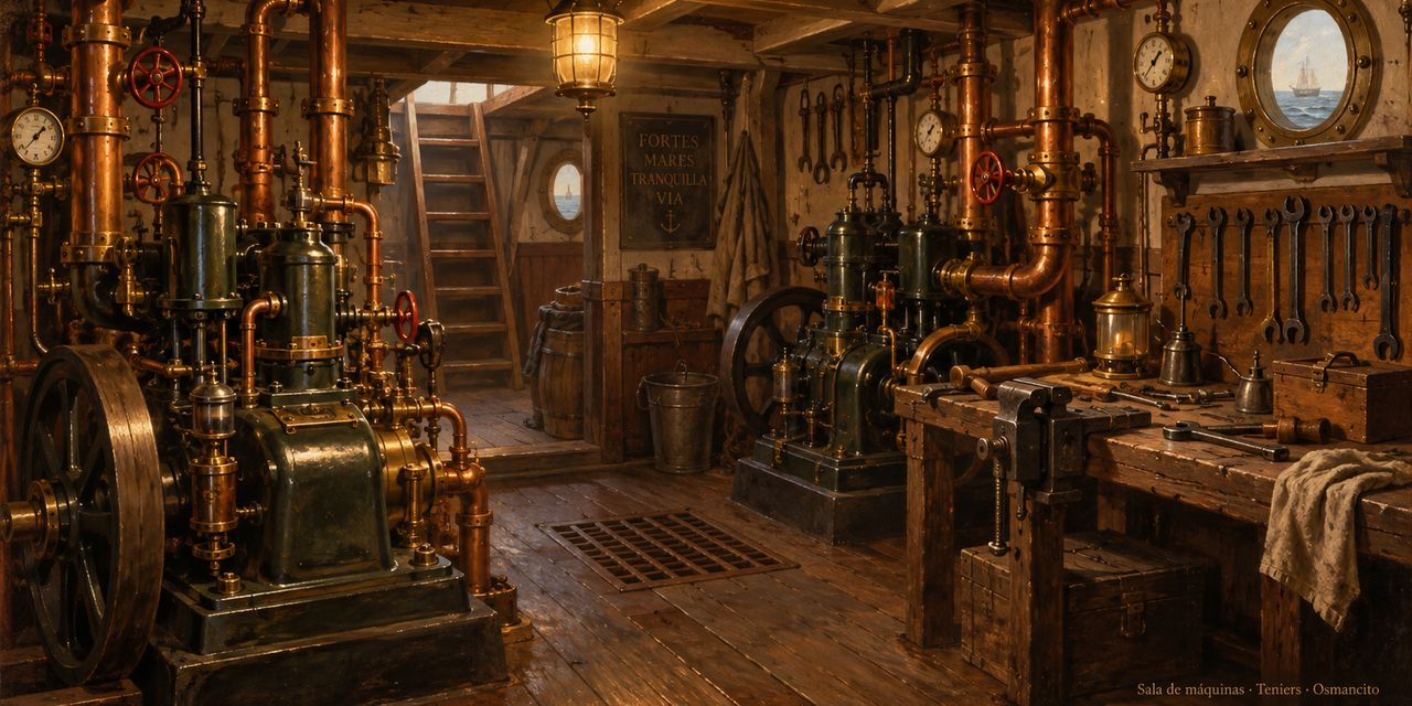 Sala de máquinas de un barco, al estilo de Teniers