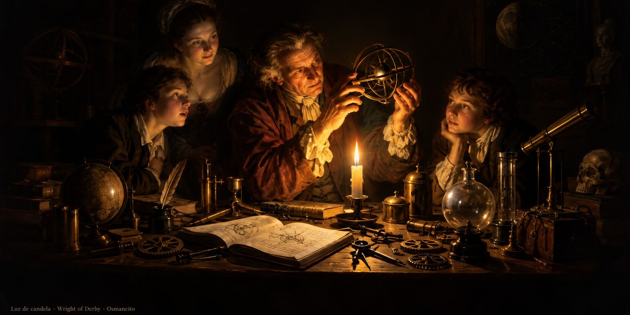 Luz de candela: un hombre muestra una esfera armilar a tres personas sobre una mesa de instrumentos